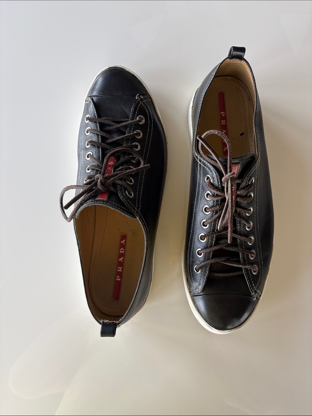 Prada Dark Brown Leather Lace-Up Men’s Sneakers with White Sole